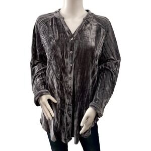 CATO Gray Crushed Velvet Button Down Long Sleeve Tunic Top‎ Medium Holiday Party